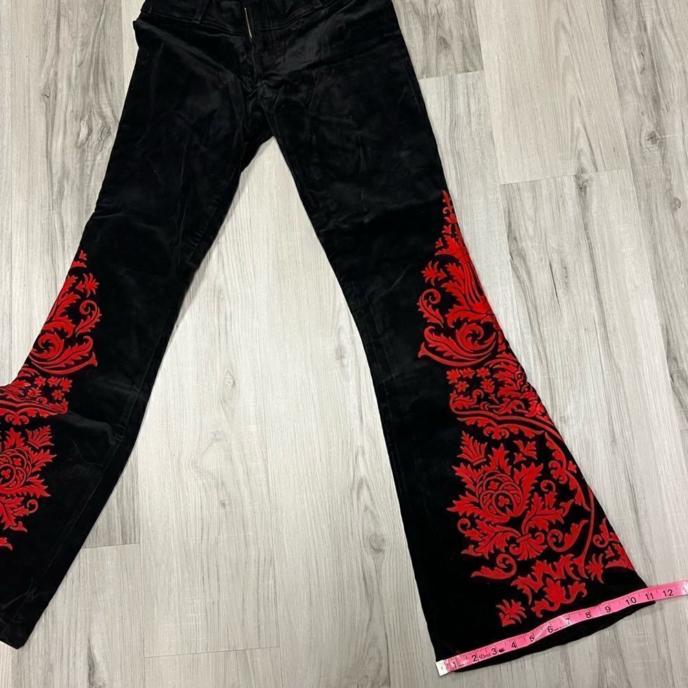 Vintage JNCO flare leg pants in black velvet with red gothic velvet bottoms sz 3 - Picture 5 of 13